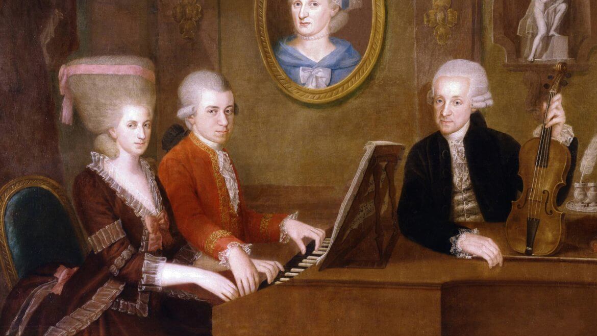 Maria Anna ("Nannerl") Mozart, ihr Bruder Wolfgang Amadeus Mozart, deren Vater Leopold,